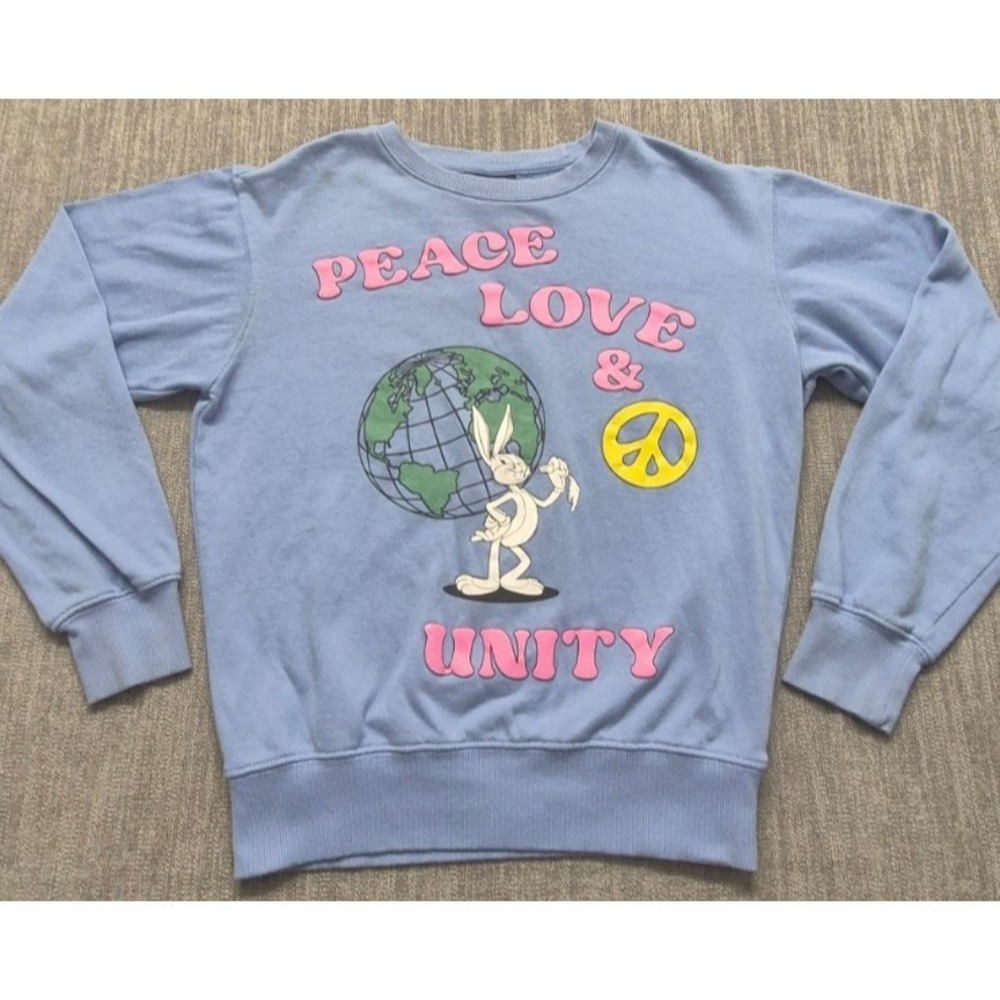 Looney Tunes Peace Love & Unity blue crew neck pullover sweatshirt SM Bugs Bunny